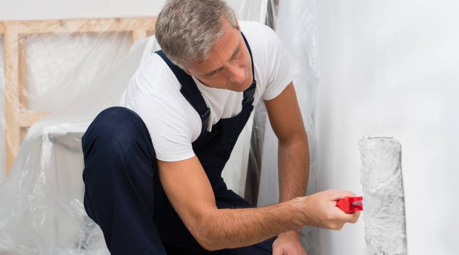 Muur schilderen binnen in woning Schilder is een muur aan het schilderen